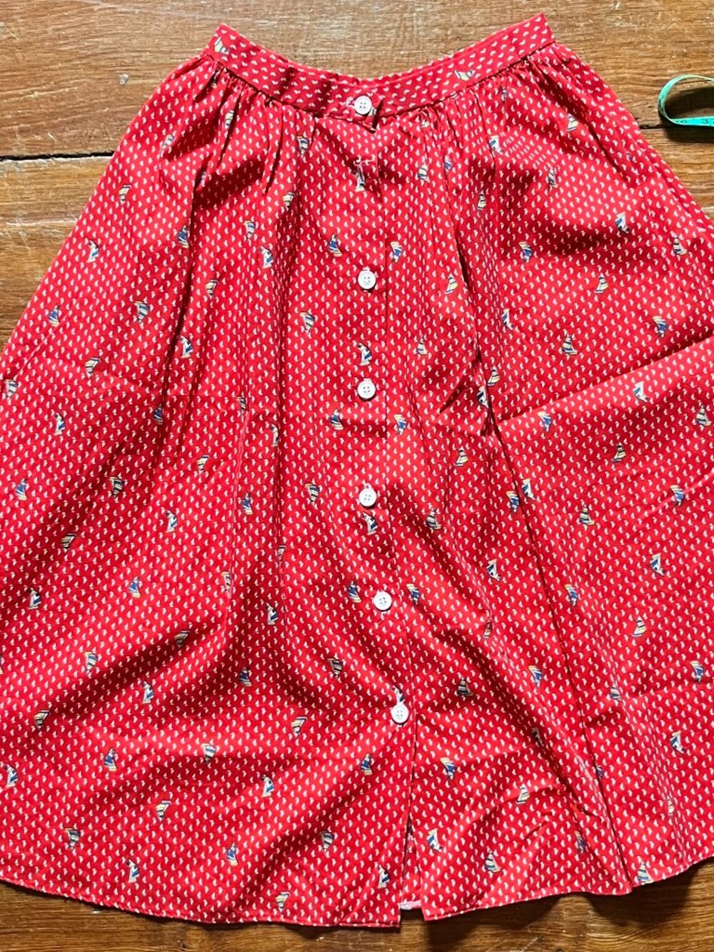 Pretty Handmade Red Sailboat Full Skirt Summer Retro Cottagecore
